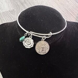 Silver Charm Bangle Bracelet with Green Teardrop and Flower Charm